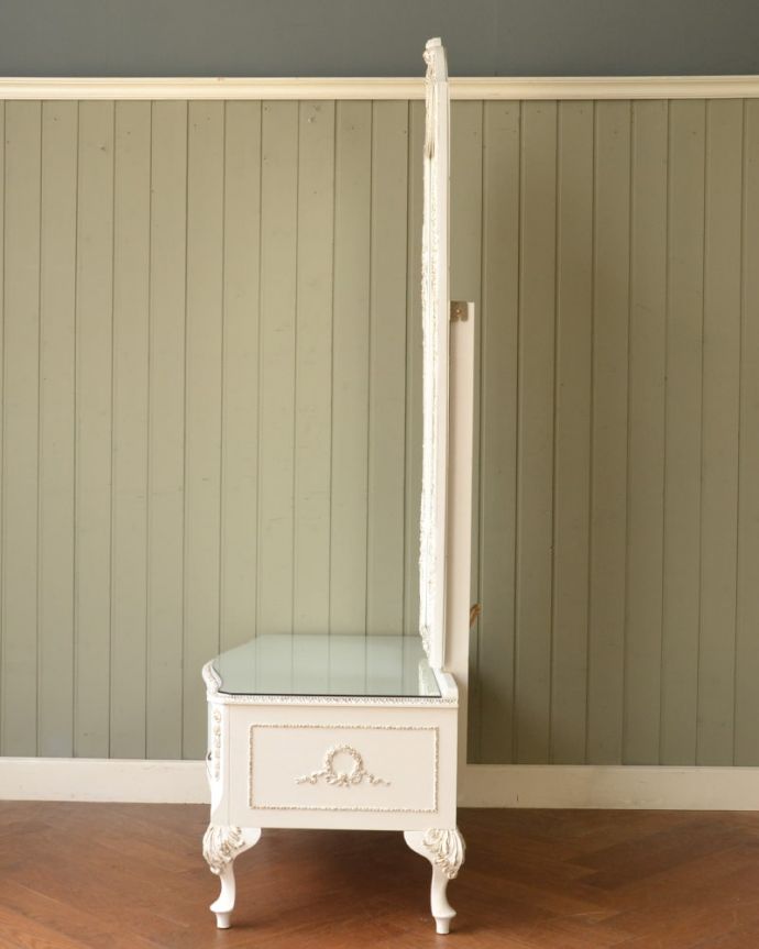 アンティークのドレッサー　アンティーク家具　アンティークのミラー、引き出しも付いた大きなスタンドミラー。横から見てもステキフランスらしく優雅な横顔。(q-2072-f)