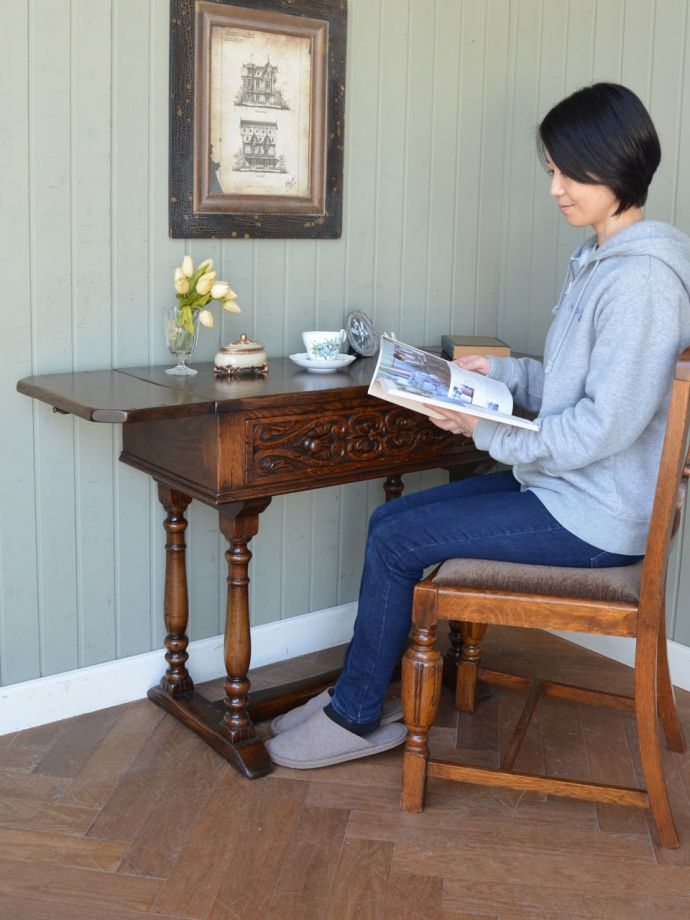 英国アンティークの伸長式テーブル、オーク材のサイドテーブル(q-2426-f)｜アンティーク家具