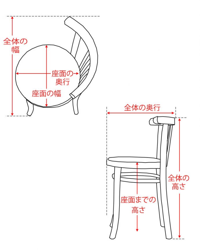 ダイニングチェア　アンティークチェア・椅子　ベントウッドチェアー　サイズ表 (k-1754-c)
