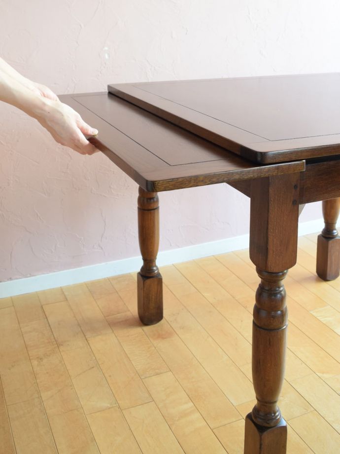 英国のアンティークのおしゃれなドローリーフテーブル、伸長式のダイニングテーブル
