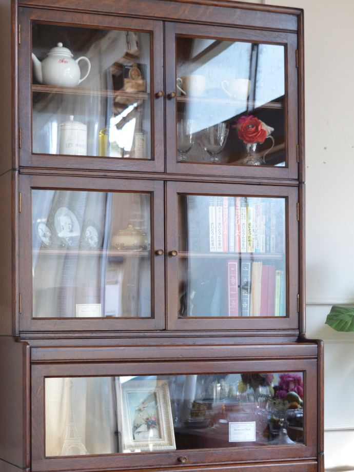 イギリスのアンティークキャビネット、ガラス扉が付いた本棚、おしゃれなスタッキングブックケース
