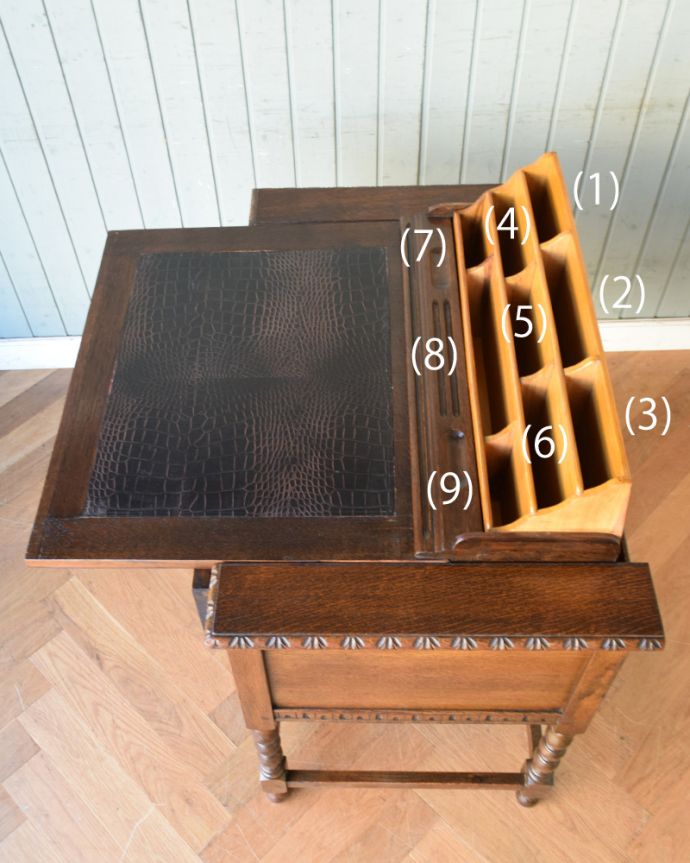 アンティークのデスク・書斎机　アンティーク家具　こう見えて、お片付け上手！コンパクトなアンティークのライティングデスク（机）。天板は、返すと革張り天板になります。(q-829-f)