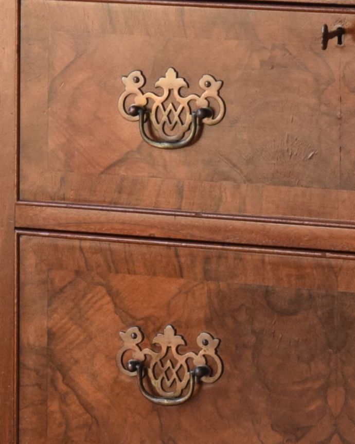 アンティークのキャビネット　アンティーク家具　憧れのシノワズリデザイン、高級な雰囲気漂う英国アンティークのブックケース（ウォルナット材）。アンティークの装飾がオシャレな取っ手です。(q-855-f)