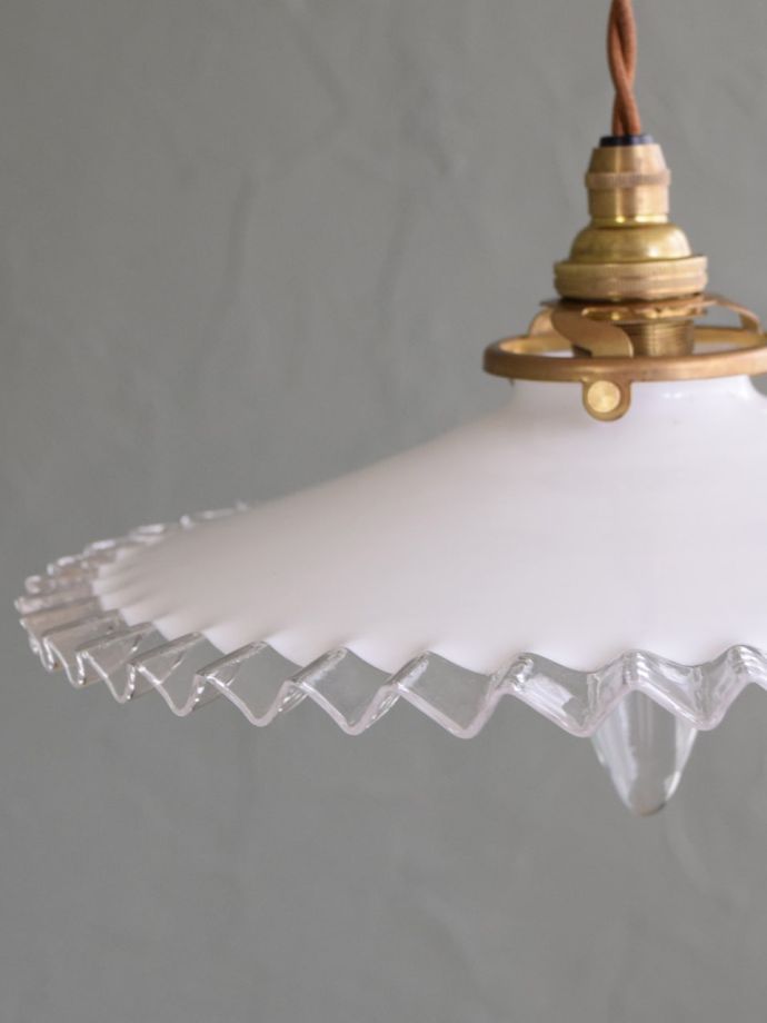 追加画像✡アンティーク フランス 透明＆ミルクガラスフリル 吊式ランプ一式セット