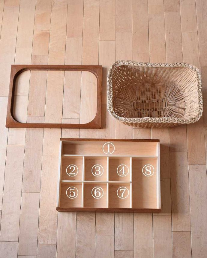ソーイングボックス　アンティーク家具　機能的なヴィンテージの北欧系家具、バスケット付きのソーイングテーブル。引き出しの中もキレイです。(x-1106-f)