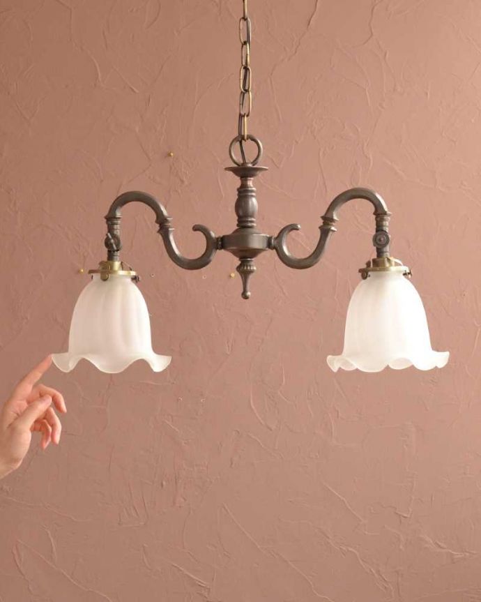 シャンデリア　照明・ライティング　ふんわりと女性らしいフロストガラスシェードのアンティーク風シャンデリア（アンティーク色・2灯・電球なし）。。(cr-509-a)