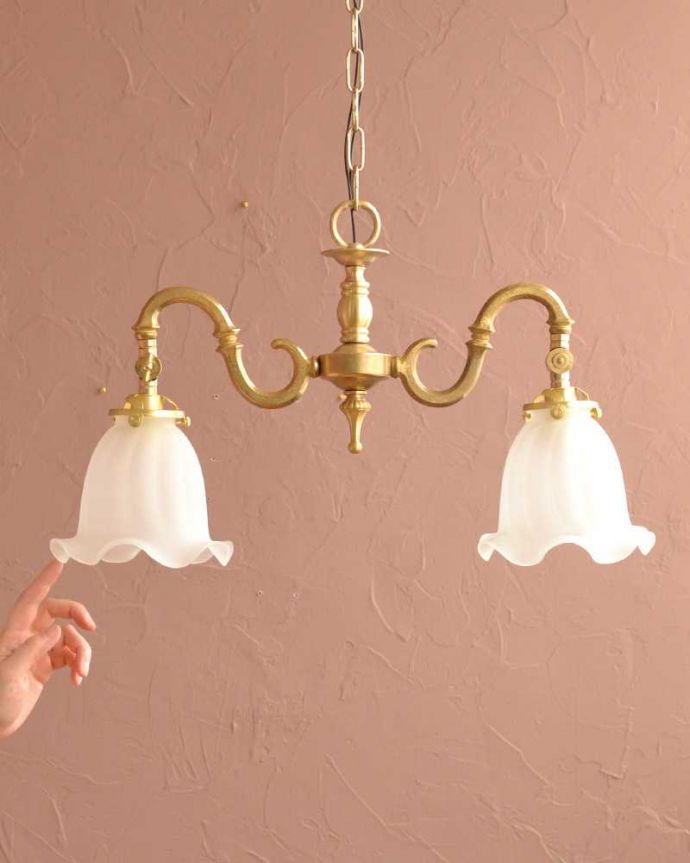 シャンデリア　照明・ライティング　ふんわりと女性らしいフロストガラスシェードのアンティーク風シャンデリア（2灯・電球なし）。。(cr-509-g)