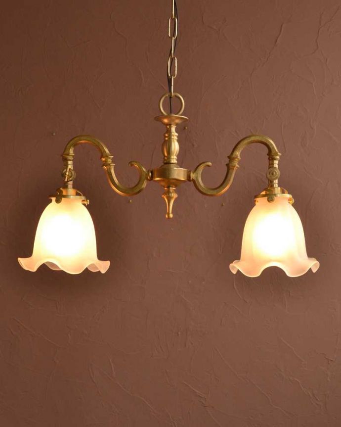 シャンデリア　照明・ライティング　ふんわりと女性らしいフロストガラスシェードのアンティーク風シャンデリア（2灯・電球なし）。。(cr-509-g)