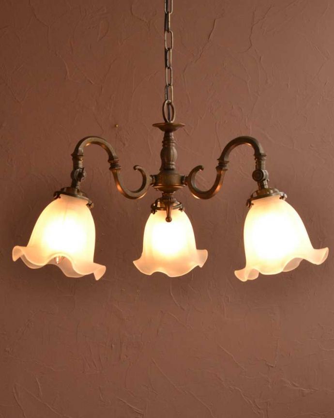 シャンデリア　照明・ライティング　ふんわりと女性らしいフロストガラスシェードのアンティーク風シャンデリア（アンティーク色・3灯・電球なし）。。(cr-510-a)