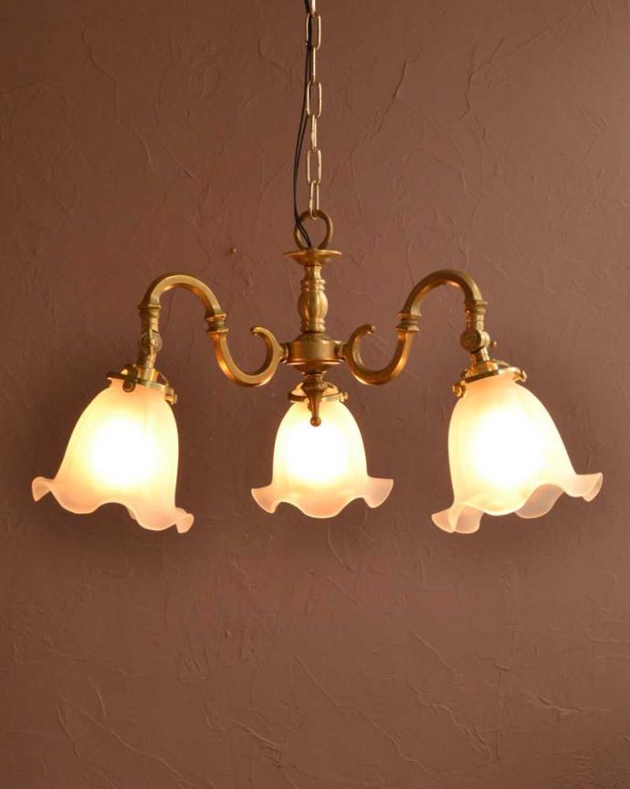 シャンデリア　照明・ライティング　ふんわりと女性らしいフロストガラスシェードのアンティーク風シャンデリア（3灯・電球なし）。。(cr-510-g)