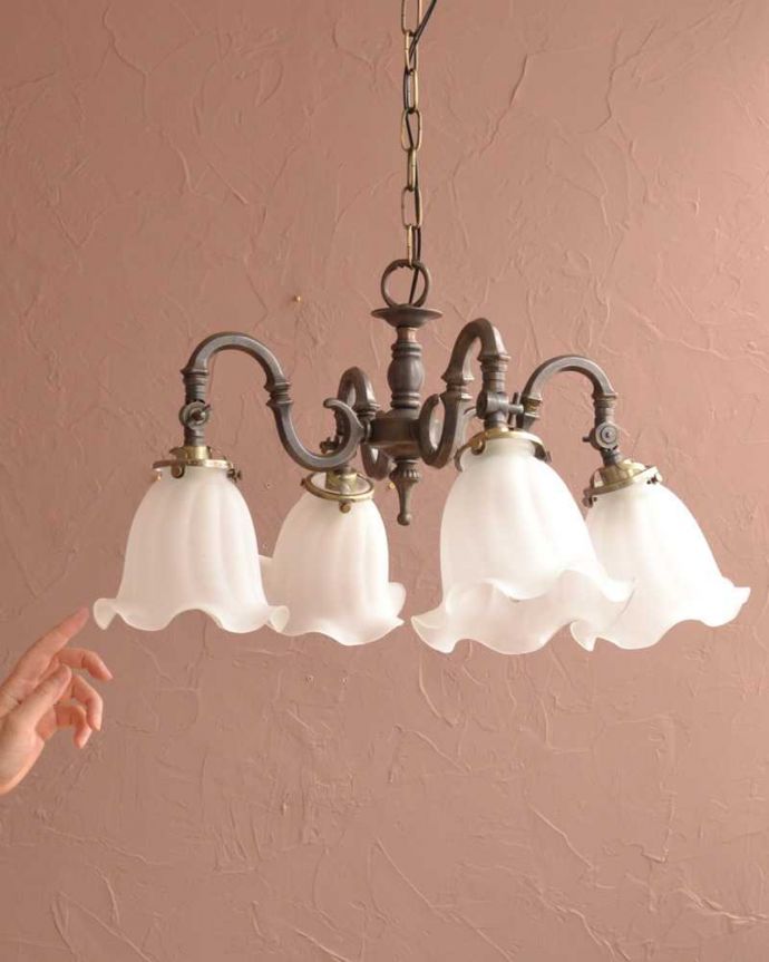シャンデリア　照明・ライティング　ふんわりと女性らしいフロストガラスシェードのアンティーク風シャンデリア（アンティーク色・4灯・電球なし）。。(cr-511-aA)