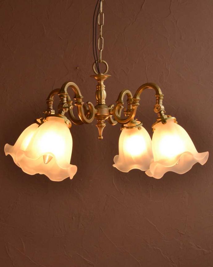 シャンデリア　照明・ライティング　ふんわりと女性らしいフロストガラスシェードのアンティーク風シャンデリア（4灯・電球なし）。。(cr-511-gA)