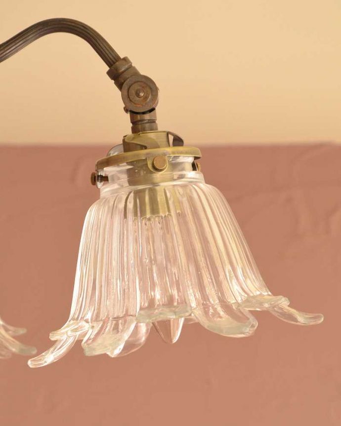 シャンデリア 照明・ライティング アンティーク風の真鍮製シーリングシャンデリア(アンティーク色・4灯・電球なし) 。可愛いガラスシェードお花のような可愛いかたちのシェードを被せました。(cr-521-a)