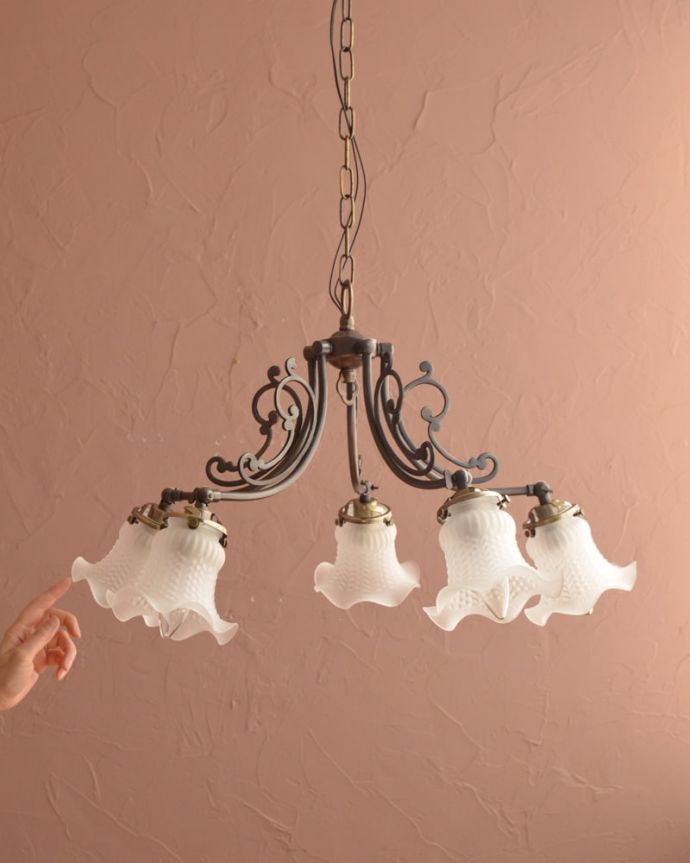 シャンデリア　照明・ライティング　アンティーク風のガラスシェード付きシャンデリア（アンティーク色・5灯・電球なし）　(cr-548-a)