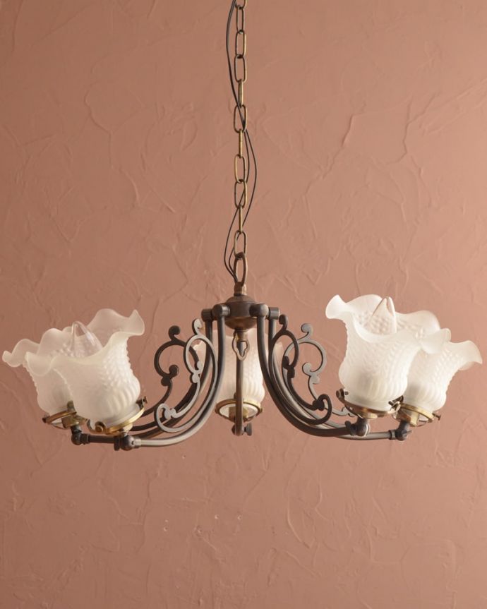 シャンデリア　照明・ライティング　アンティーク風のガラスシェード付きシャンデリア（アンティーク色・5灯・電球なし）　(cr-548-a)