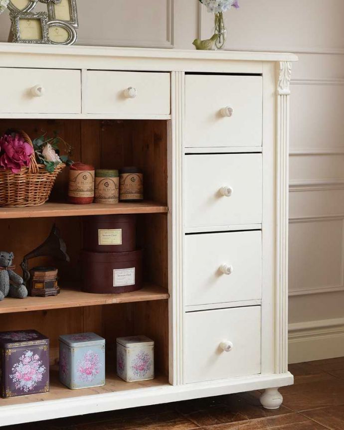 アンティークのキャビネット　アンティーク家具　フレンチスタイルのアンティークのペイント家具、カウンターキャビネット。引き出し＋棚。(d-1288-f)