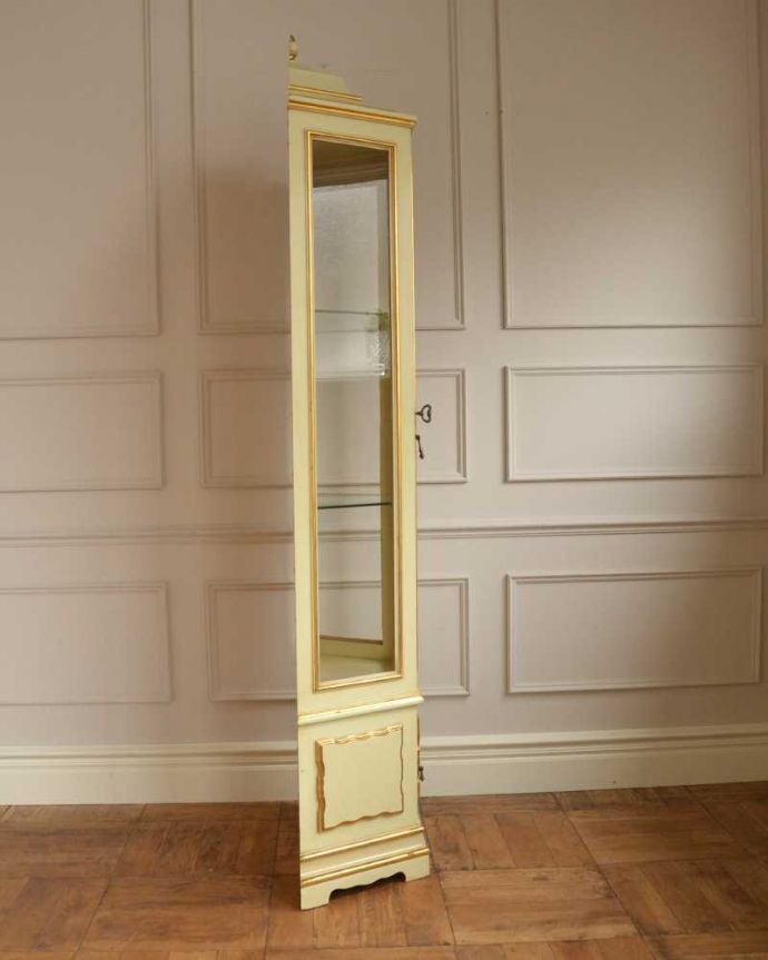 アンティークのキャビネット　アンティーク家具　フランスで見つけたアンティーク家具、フェミニンなディスプレイキャビネット。横から見た姿もステキ横面もガラス。(d-1323-f)