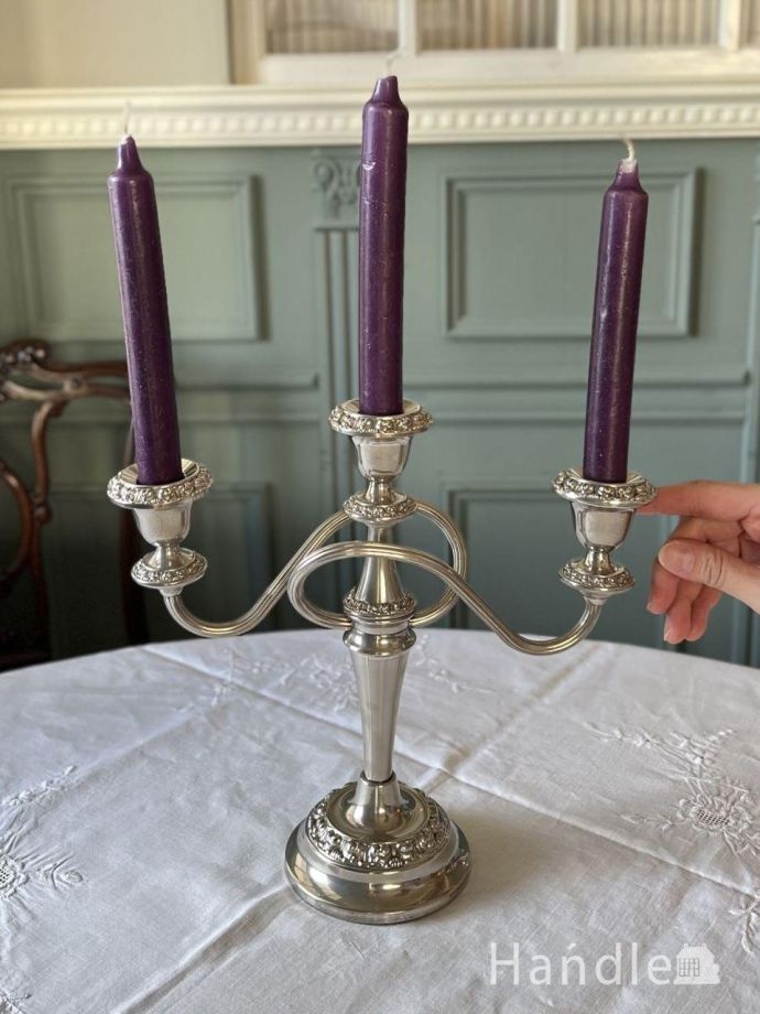 英国アンティークの3灯燭台、アールヌーヴォースタイルのキャンドル