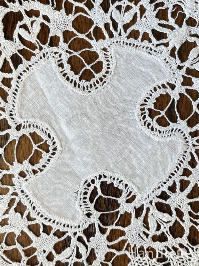 アンティーク ベルギーフランダースボビンレーストリム ドローンワーク変形ドイリー アンティークベルギーブルージュ ロザリン＆ドローンワークレース