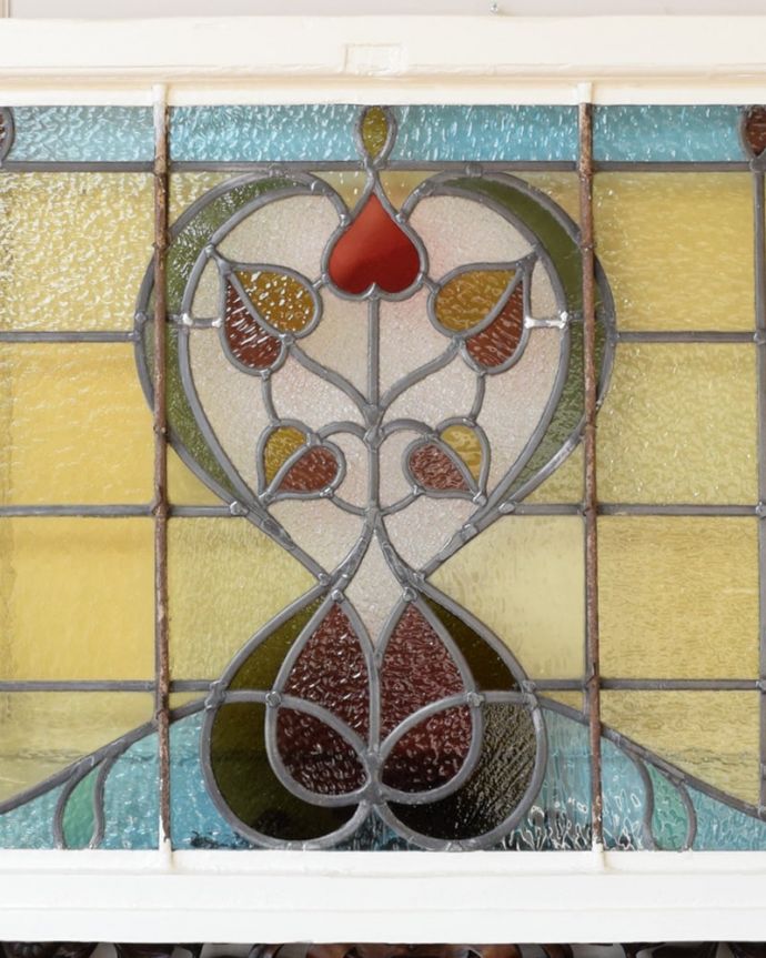 アンティーク ステンドグラス　アンティーク雑貨　イギリスで見つけたアールヌーヴォー柄のお花、アンティークのステンドグラス。裏にも安心の秘密が・・・補強する桟が入ってました。(g-1234)