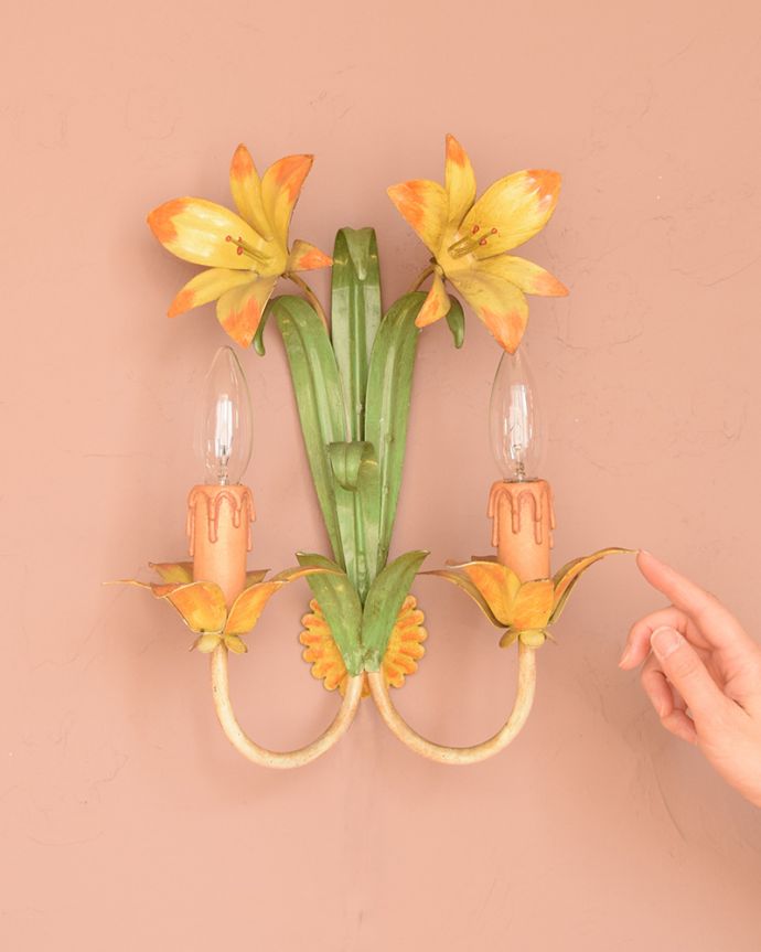 壁付けブラケット　照明・ライティング　お花のモチーフの可愛いフランスで見つけたアンティークブラケット(2灯)（E17シャンデリア球付） 。。(h-749-z)