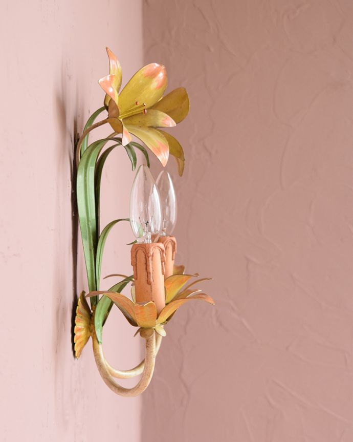 壁付けブラケット　照明・ライティング　お花のモチーフの可愛いフランスで見つけたアンティークブラケット(2灯)（E17シャンデリア球付） 。。(h-749-z)