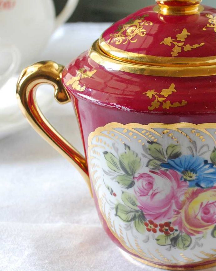 アンティーク 陶磁器の雑貨 アンティーク雑貨 金色が豪華なフランスリモージュのアンティークシュガーポット。お茶の時間を華やかにしてくれるアンティークティータイムを楽しむための茶道具の一つシュガーポット。(h-806-z-3)