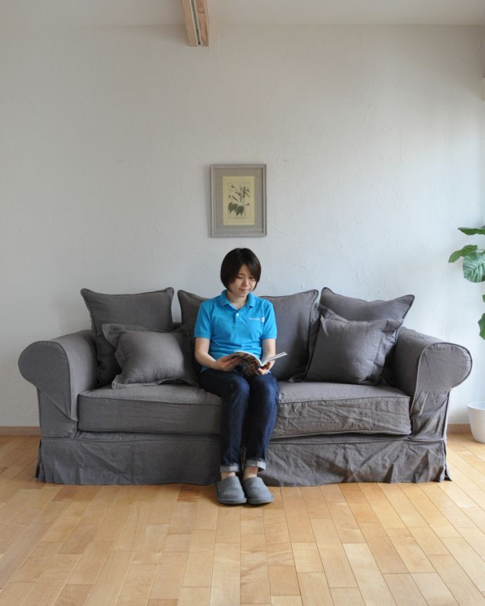 Handleオリジナル　アンティーク風　Handleオリジナルリネンソファ、家族みんなで座れる３人掛けソファ。まずはサイズ。(hos-01-4)