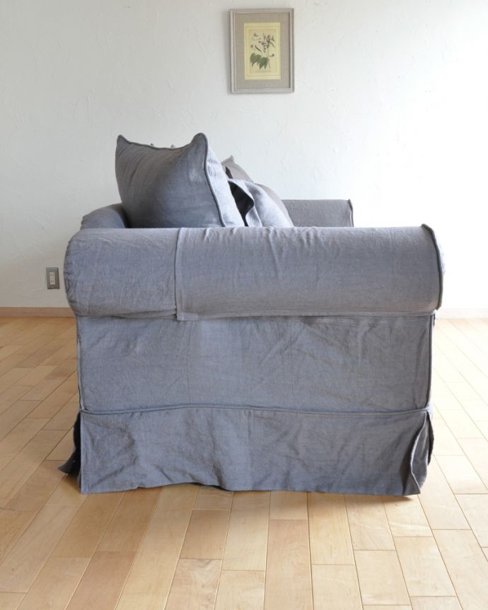 Handleオリジナル　アンティーク風　Handleオリジナルリネンソファ、家族みんなで座れる３人掛けソファ。横から見てもキレイです。(hos-01-4)