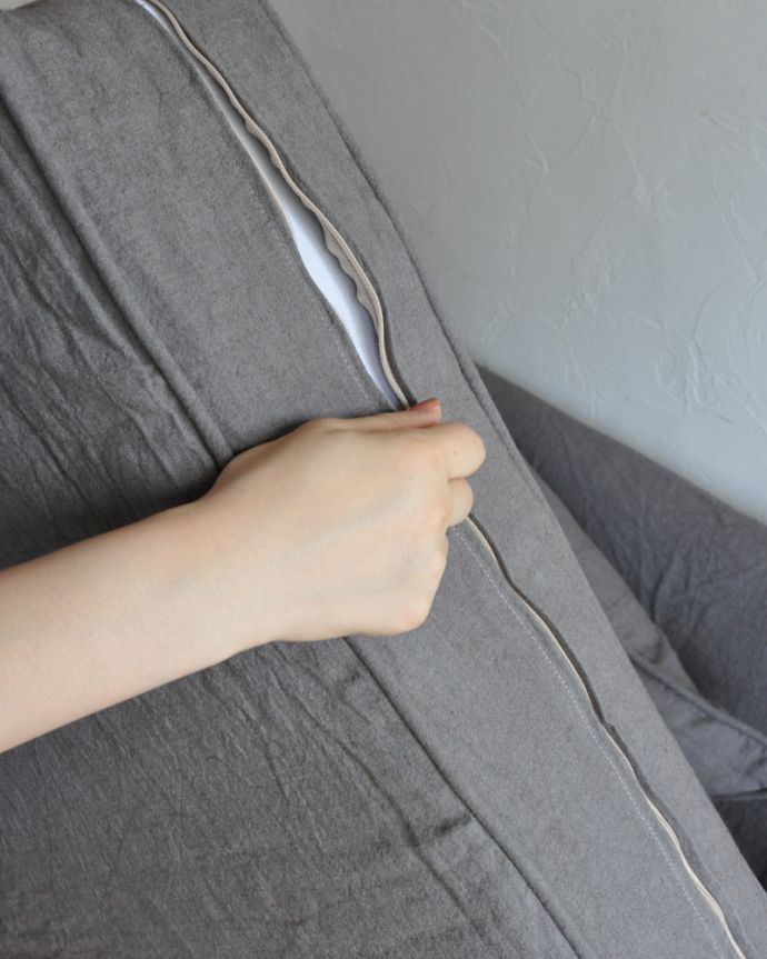 Handleオリジナル　アンティーク風　Handleオリジナルリネンソファ、家族みんなで座れる３人掛けソファ。座面のクッションも、もちろん外して丸洗い。(hos-01-4)