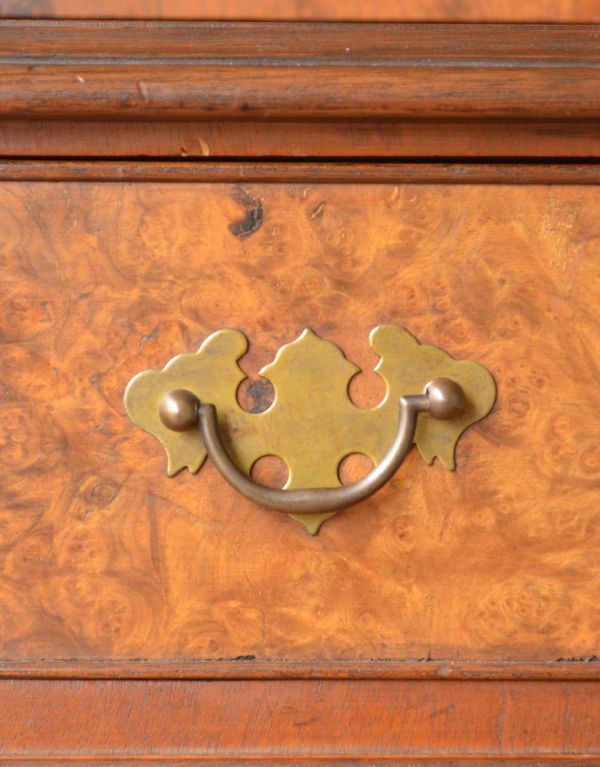 アンティークのキャビネット　アンティーク家具　英国からのアンティーク家具、大きなガラス扉のブックケース（本棚）。引き出しのハンドルです。(j-1318-f)