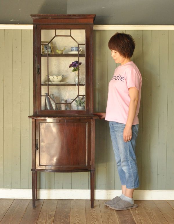 アンティークのキャビネット アンティーク家具 上品なアンティークの英国家具、細長いガラスのショーケース。風格と品があるので、リビングはもちろん、和室や書斎、客間にも最適。(j-1342-f)