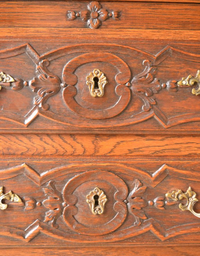 ビューロー　アンティーク家具　フランスのアンティーク家具、豪華な彫が美しいビューロー（デスク）。引き出しの鍵穴です。(j-1665-f)