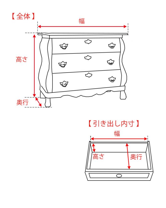 アンティークのチェスト　アンティーク家具　南仏プロヴァンスのアンティーク家具、女性らしいアンティーク３段チェスト（コモード） 。。(j-2453-f)