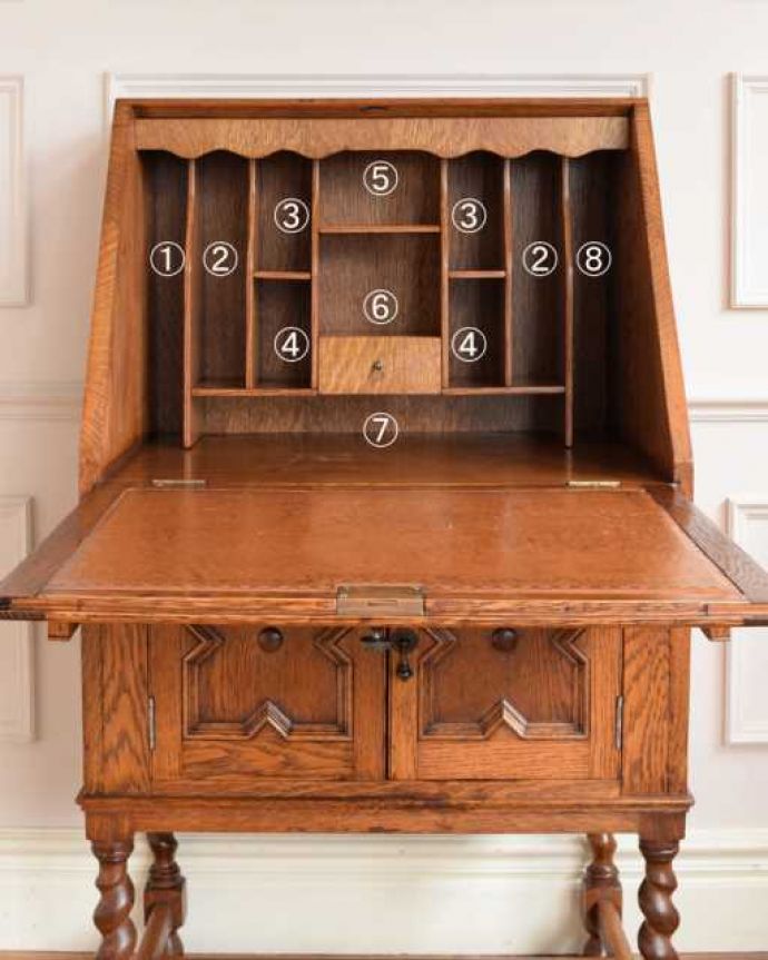 ビューロー　アンティーク家具　落ち着いた雰囲気のアンティーク家具、英国のライティングビューロー。細かく仕切られた中身にうっとり扉の中身はこんなに細かく仕切られています。(j-2521-f)