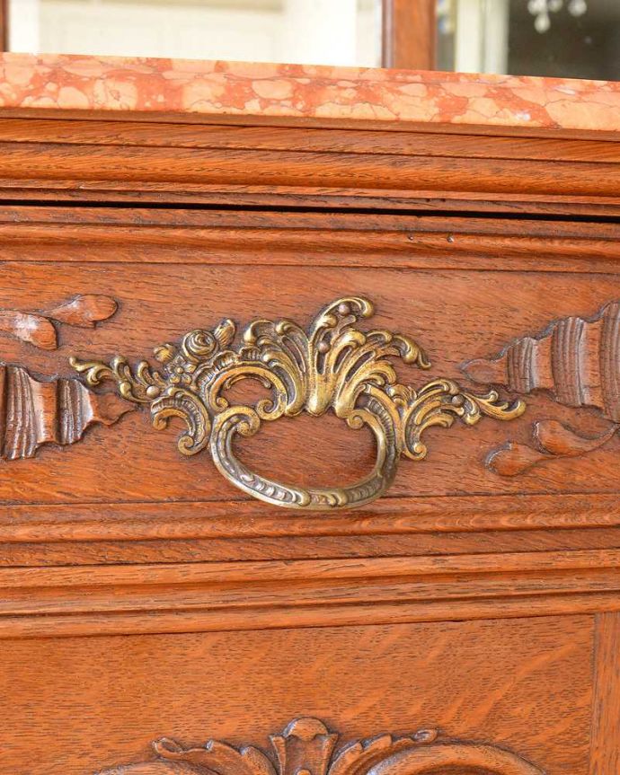 アンティークのキャビネット　アンティーク家具　フランスから届いたアンティーク家具、大理石天板が美しいミラーバックサイドボード。開けるたびに、ワクワクしちゃう。(j-2614-f)