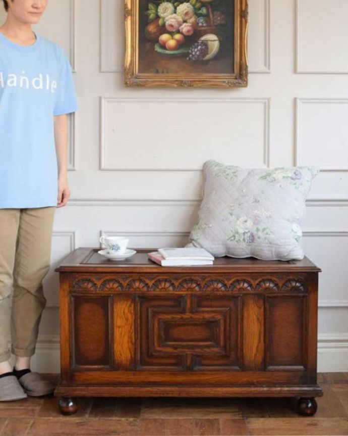 ブランケットボックス・収納ボックス　アンティーク家具　コファー　いろんな場所で便利に使えるアンティーク家具の中で一番基本となるブランケットボックス。(j-2713-f)