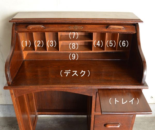 サイドバイサイド アンティーク家具 イギリス輸入のアンティーク家具、おしゃれなロールトップテーブル(デスク)。広い天板は作業がしやすくて重宝しますよ!きちんとお直ししているので、天板もキレイな状態です。(k-1043-f)