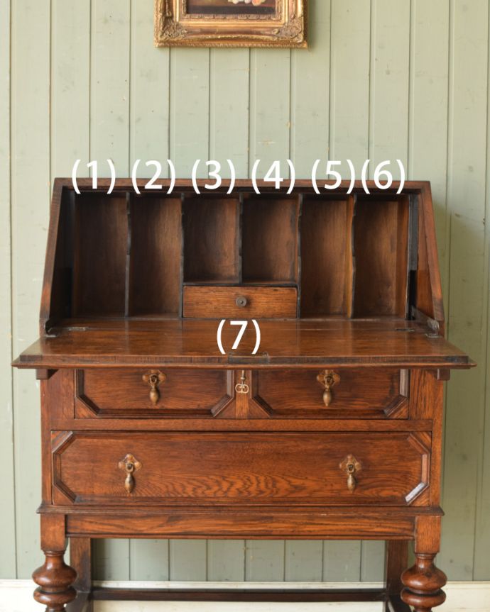 ビューロー アンティーク家具 英国紳士お好みの重厚感あるデザインがかっこいい、アンティークのライティングビューロー。この通り天板は広々しているので、パソコンデスクとしても活躍してくれます。(k-1355-f)
