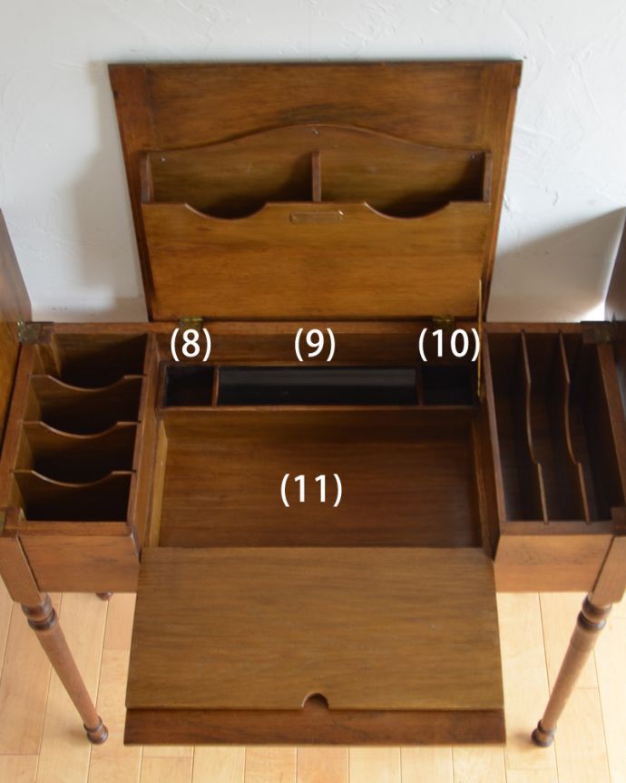 アンティークのデスク・書斎机 アンティーク家具 ただのデスクじゃありません!イギリスのアンティークパーソナルデスク(机)。中央は、ペンや消しゴムなどの細かいものやパソコンのマウス、充電器の収納におススメです。(k-1471-f)