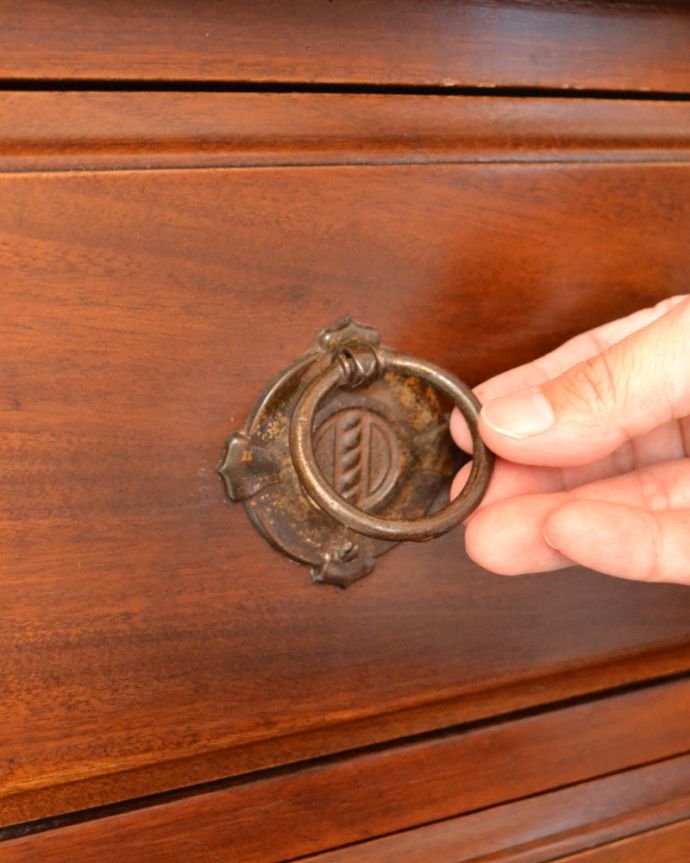 アンティークのチェスト　アンティーク家具　小さな扉が付いた英国家具らしいオシャレなアンティークカップボードチェスト（ウォルナット材）。凝っていて高級感があるオシャレな取っ手です。(k-1515-f)