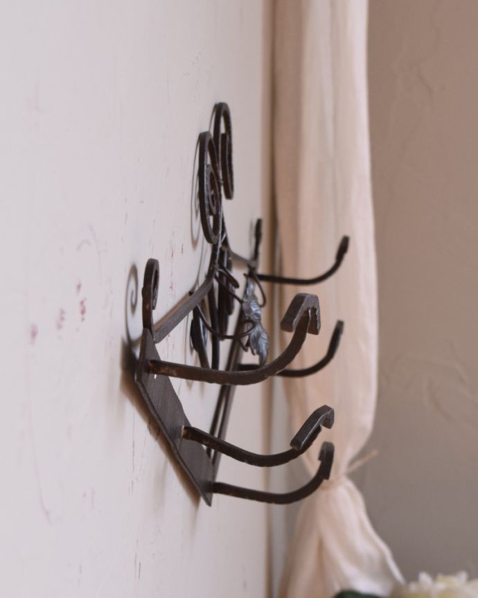 ウォールシェルフ・ウォールハンガー　アンティーク家具　葡萄の葉が素敵なフランス輸入のアイアン製アンティークのハンガーフック。横から見ても可愛いデザインですもちろん横顔だって可愛いデザイン。(k-1607-f)