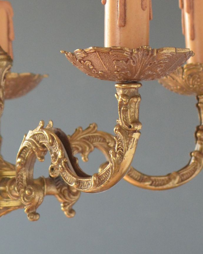 シャンデリア　照明・ライティング　エレガントな真鍮製シャンデリア、フランスで見つけたアンティーク照明（5灯）（Ｅ17シャンデリア球付）。植物の蔦をモチーフにした美しいシルエットのアームです。(k-1714-z)