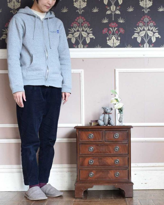 アンティークのチェスト アンティーク家具 アンティークの英国輸入家具、引き出しが沢山付いたベッドサイドチェスト。小さくても一人前。(k-1938-f)