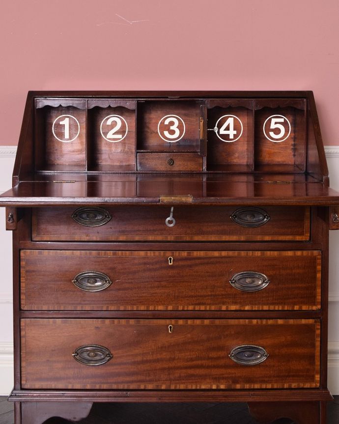 ビューロー アンティーク家具 象嵌入りの美しい英国インテリア、優雅なアンティークライティングビューロー。細かく仕切られた中身にうっとり扉の中身はこんなに細かく仕切られています。(k-1995-f)