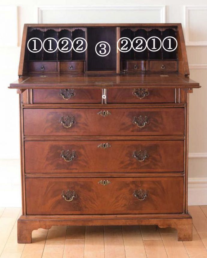 ビューロー　アンティーク家具　書斎で使えるアンティーク家具、お洒落な英国のビューロー（デスク）。お片付け上手になっちゃう仕掛け扉を倒すと細々としたものが整理整頓しやすいように細かく仕切られています。(k-2149-f)