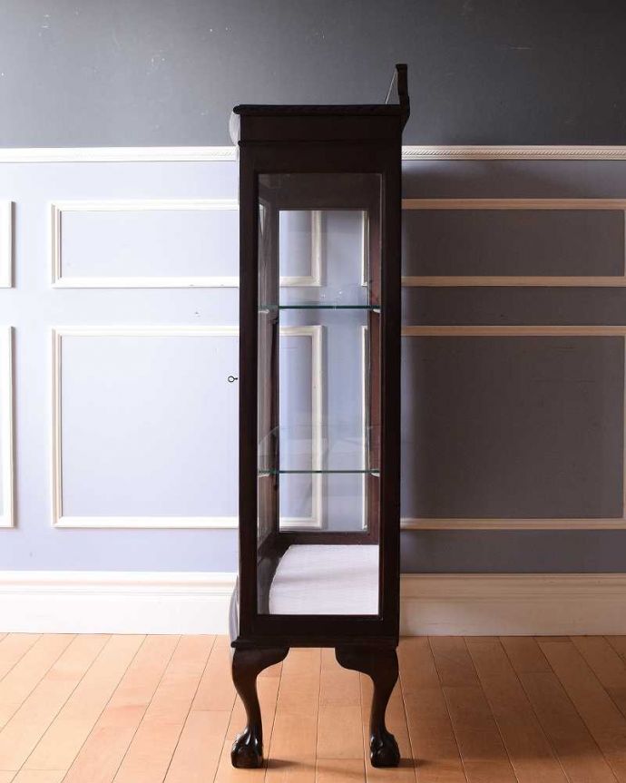 アンティークのキャビネット　アンティーク家具　イギリスから到着した定番のガラスキャビネット、ゴシックデザインのアンティークショーケース。横から見てもステキ横から見るとこんな感じ。(k-2206-f)