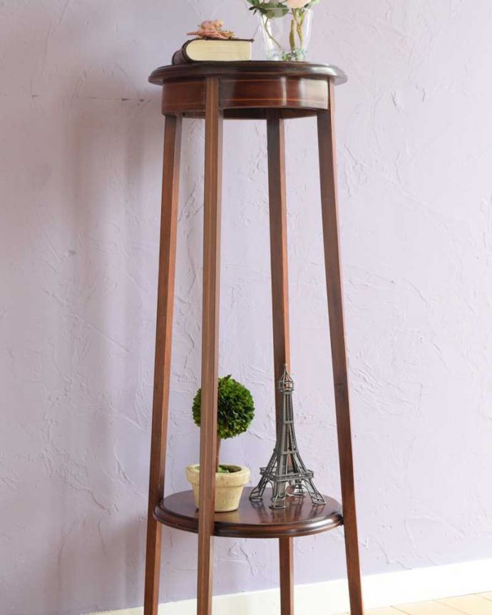 プランツスタンド・ケーキスタンド アンティーク家具 英国輸入の象嵌が美しいアンティークプランツスタンド。小さくてもアンティークの気品タップリ。(k-2289-f)