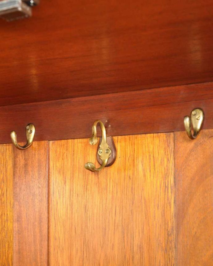 ワードローブ　アンティーク家具　アンティーク英国輸入家具、美しい彫刻が素敵なホールローブ（ワードローブ）。お洋服を掛ける場所フックが沢山付いているので、ここにハンガーを掛けてください。(k-2446-f)