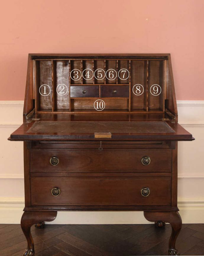ビューロー　アンティーク家具　英国輸入の美しいアンティーク家具、優雅なライティングビューロー。お片付け上手になっちゃう仕掛け扉を倒すと細々としたものが整理整頓しやすいように細かく仕切られています。(k-2564-f)